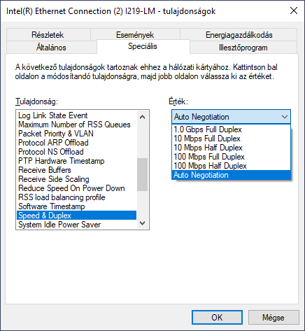 Sebesség és duplexitás beállítása Windowsban