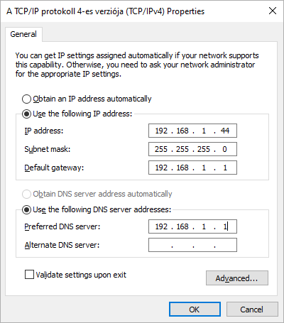 Hálózati paraméterek beállítása a Windows operációs rendszerben