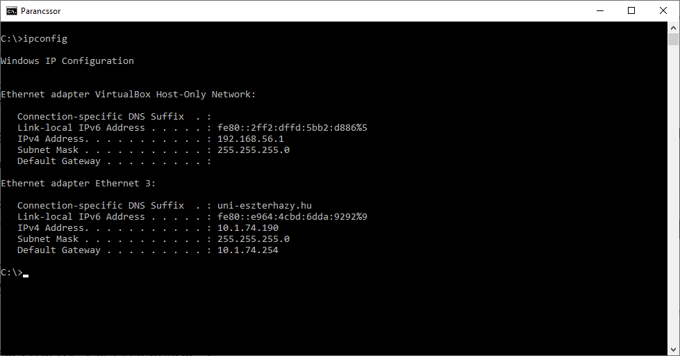 Az ipconfig parancs kimenete