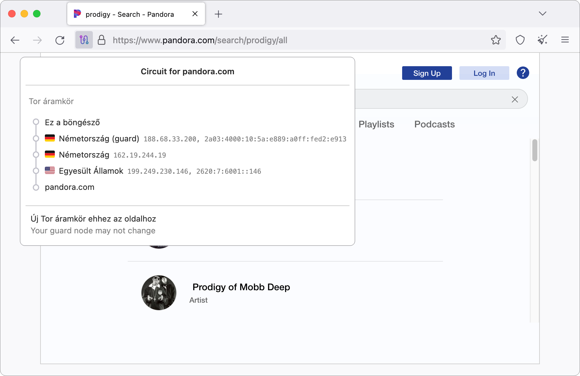 A pandora.com megtekinthető, ha a darknetből az USA-ban lépünk ki.