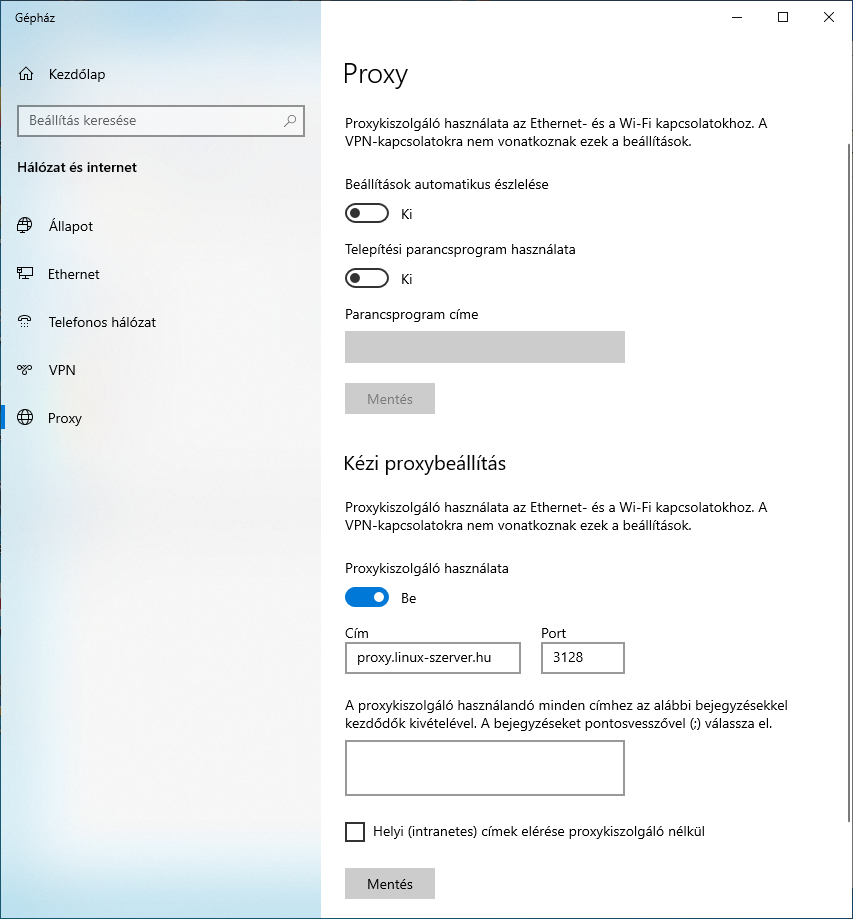 Proxy szerver beállításai Windows-on