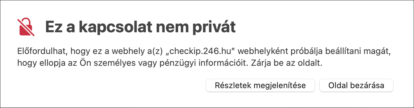 Figyelmeztetés hibás tanúsítványra